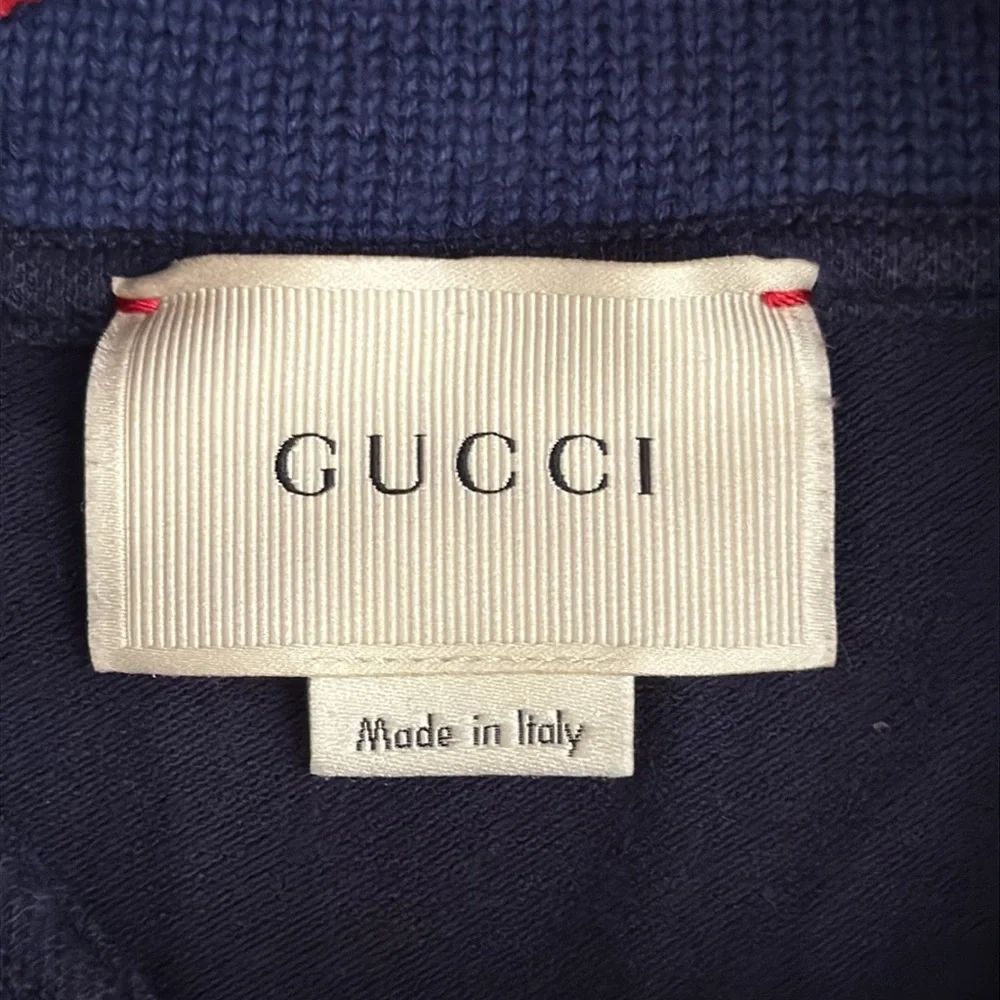 Gucci | Heart Patch Stripe Knit Collar Short Sleeve Pique Polo Dress Navy Blue 8 - Picture 8 of 16
